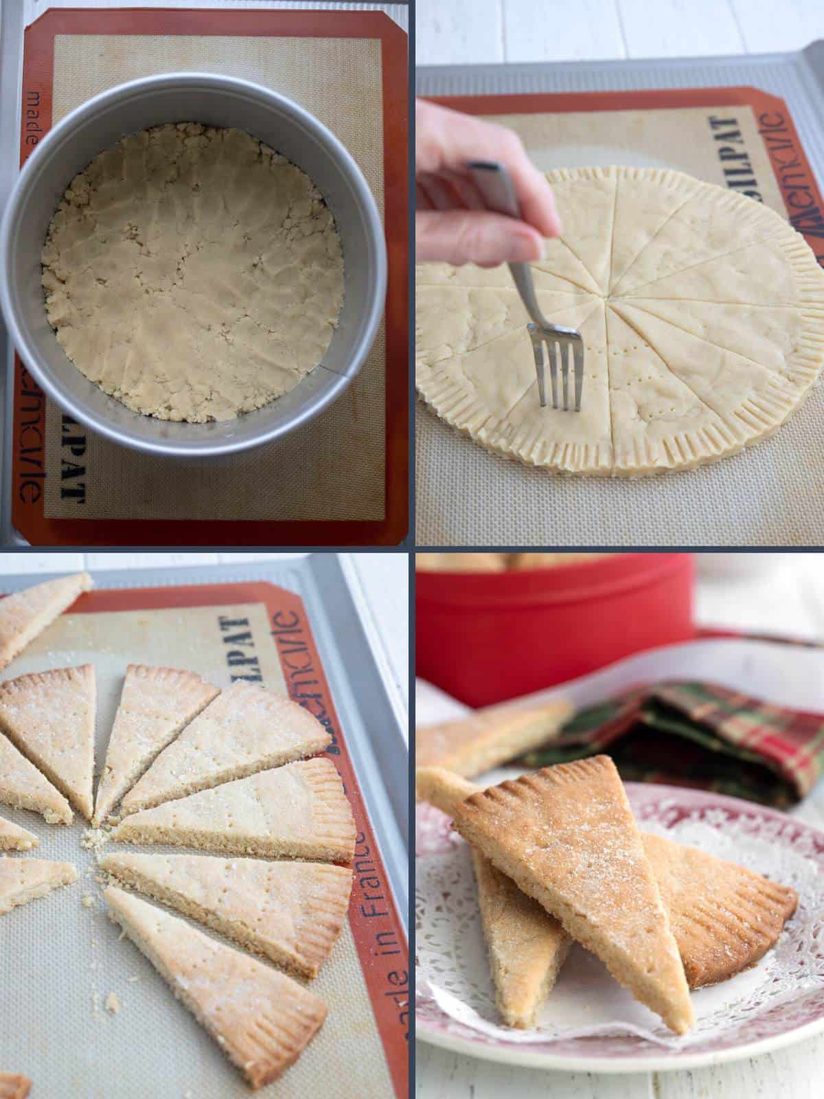 A collage of four images showing how to make keto shortbread in wedge shapes.