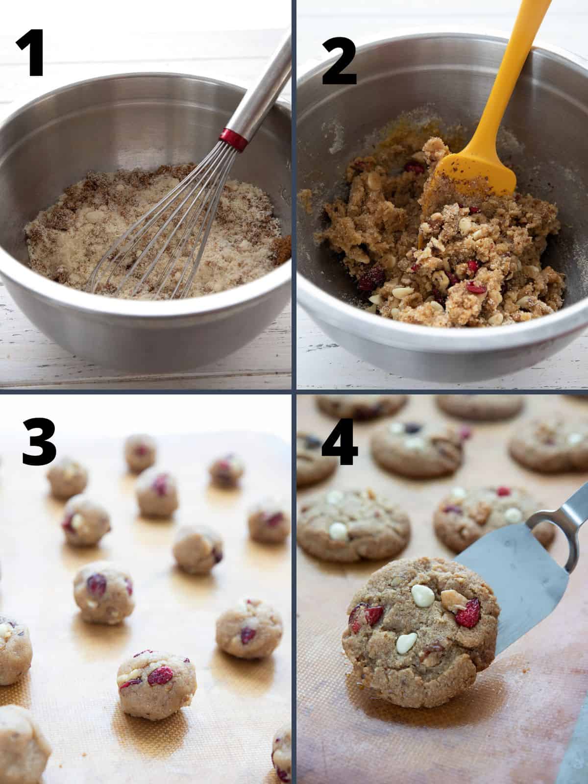 A collage of four images showing how to make Keto White Chocolate Cranberry Cookies.