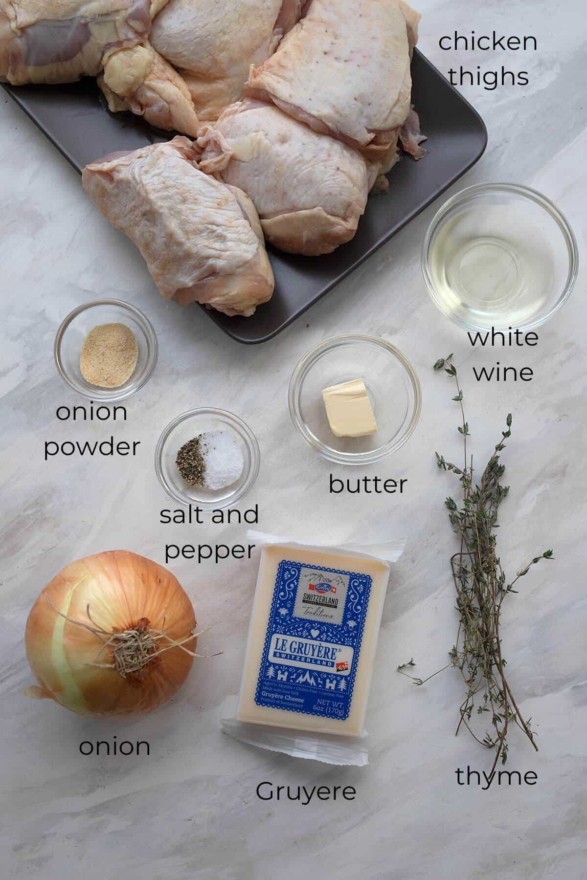Top down image of ingredients needed for French Onion Chicken.
