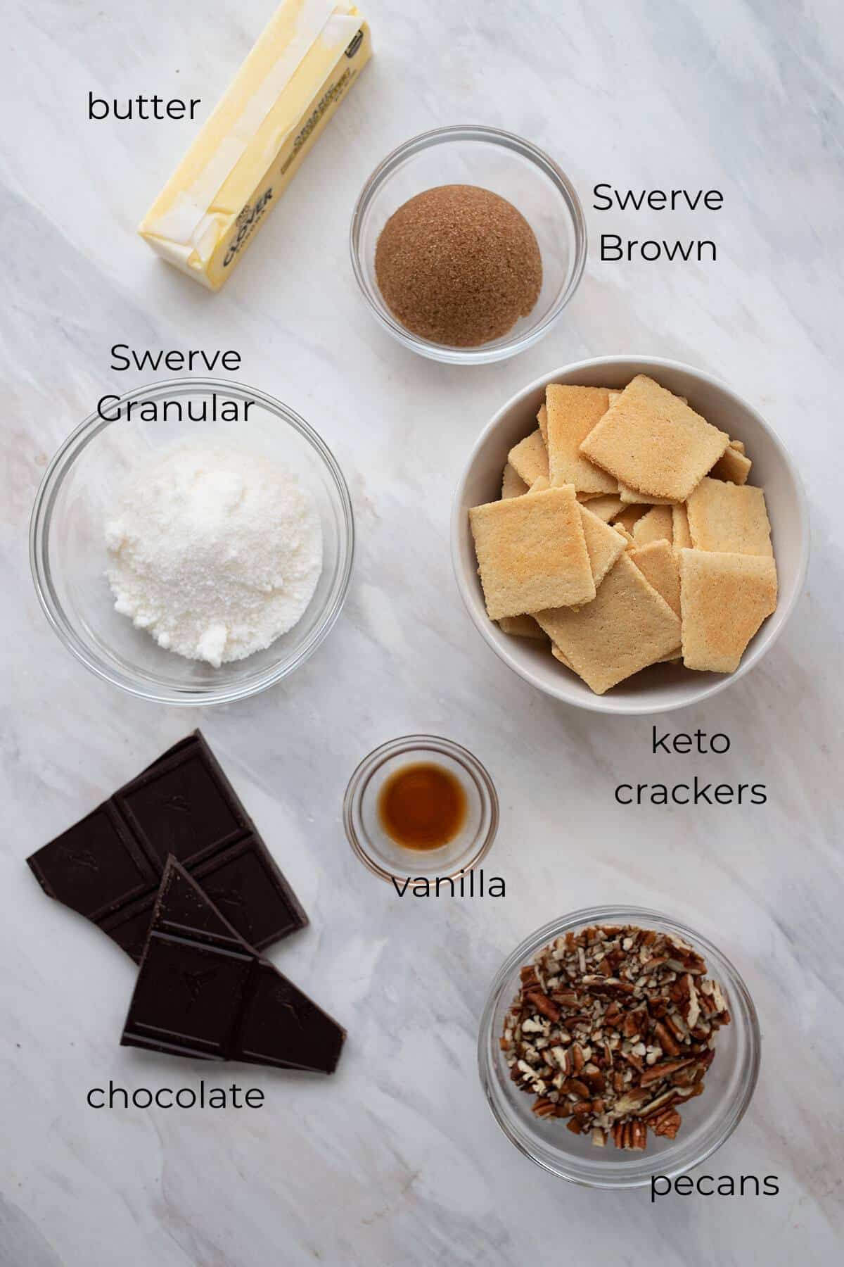 Top down image of ingredients needed for keto toffee.