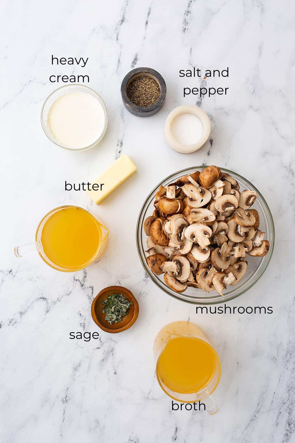 Top down image of the ingredients needed for keto mushroom soup.