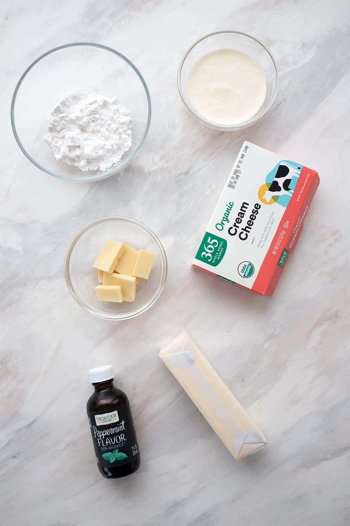 Top down image of ingredients for keto peppermint cupcakes.
