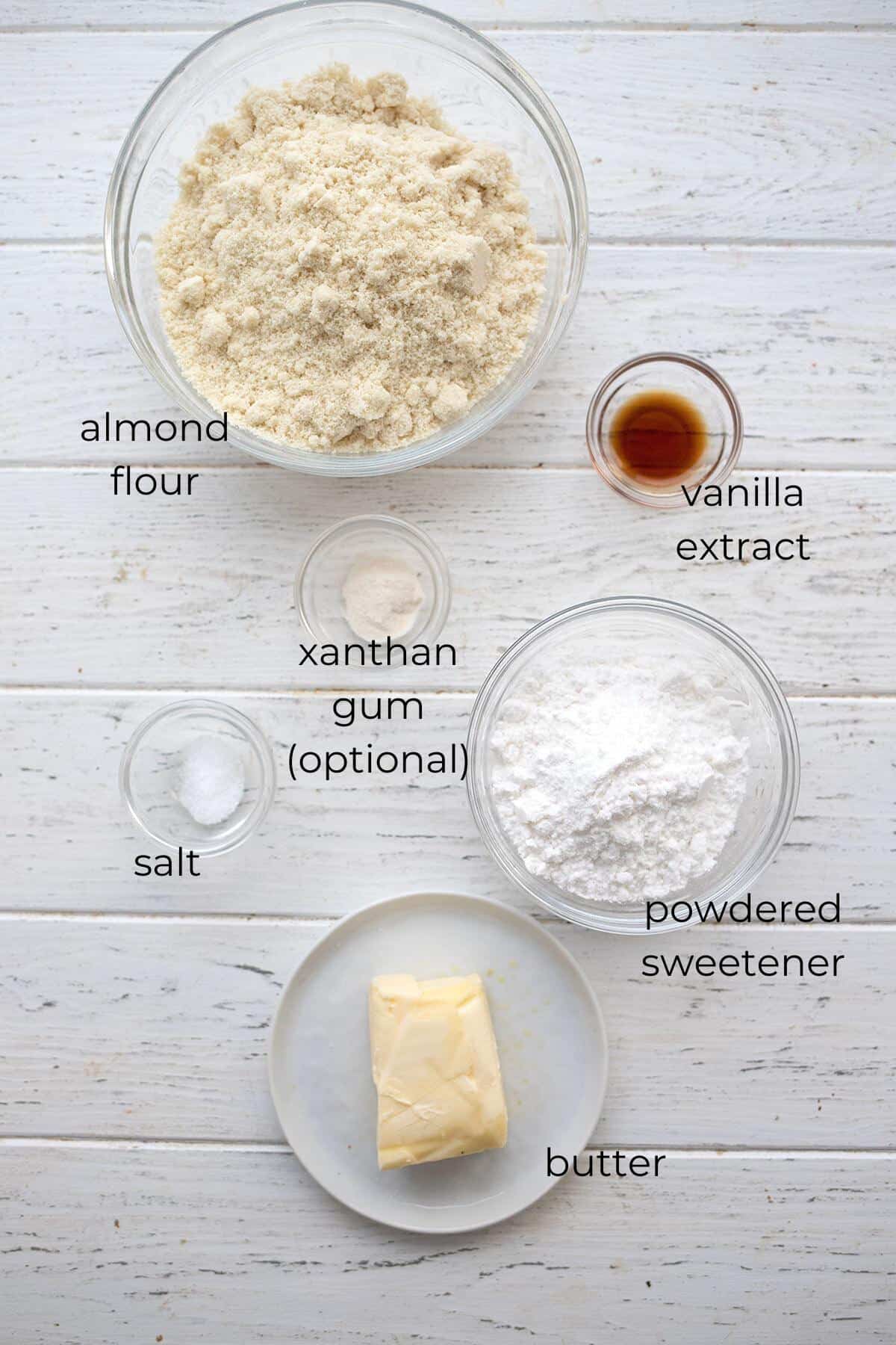 Top down image of the ingredients for Keto Shortbread Cookies.