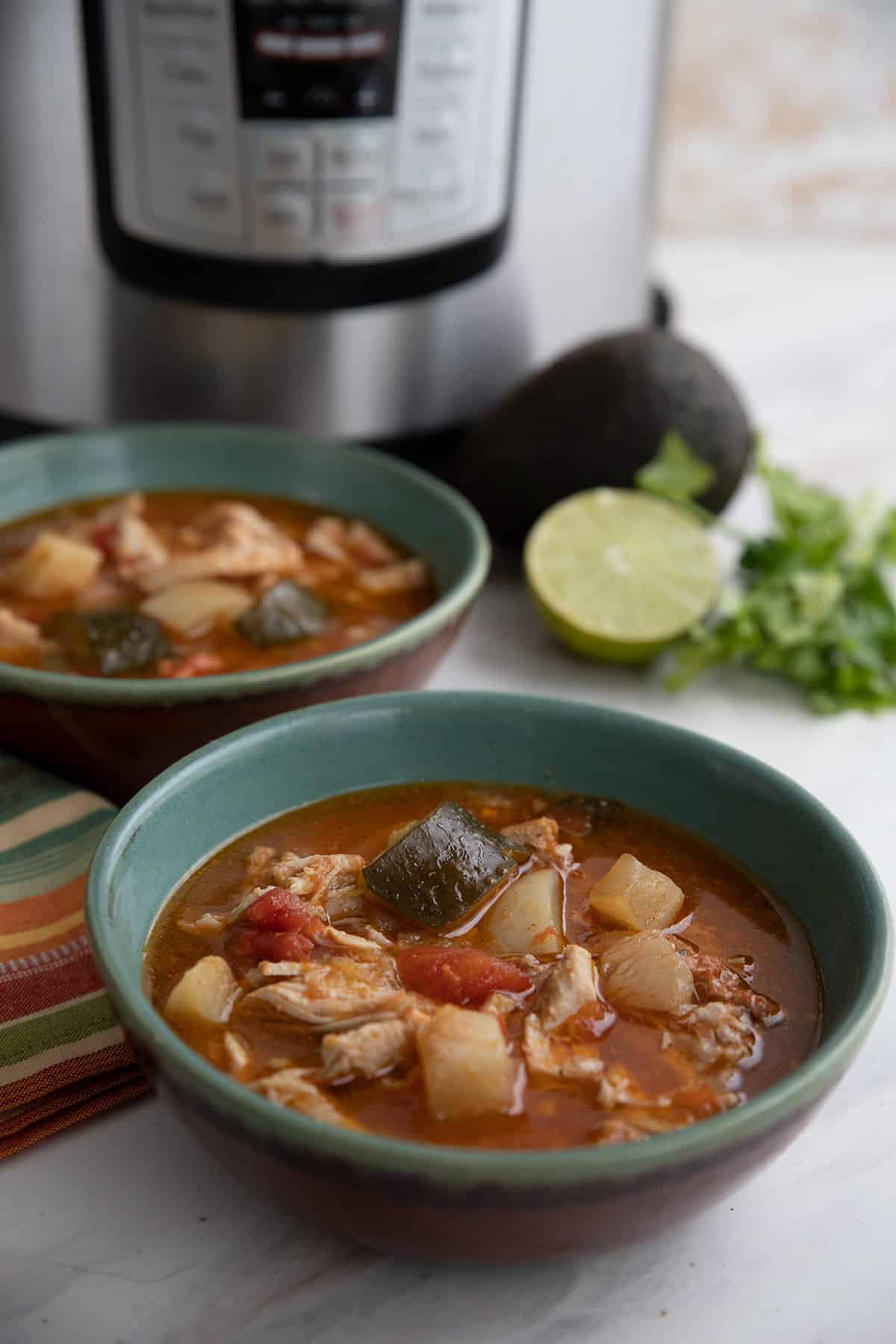 Two bowls of pork stew in front of an Instant Pot.