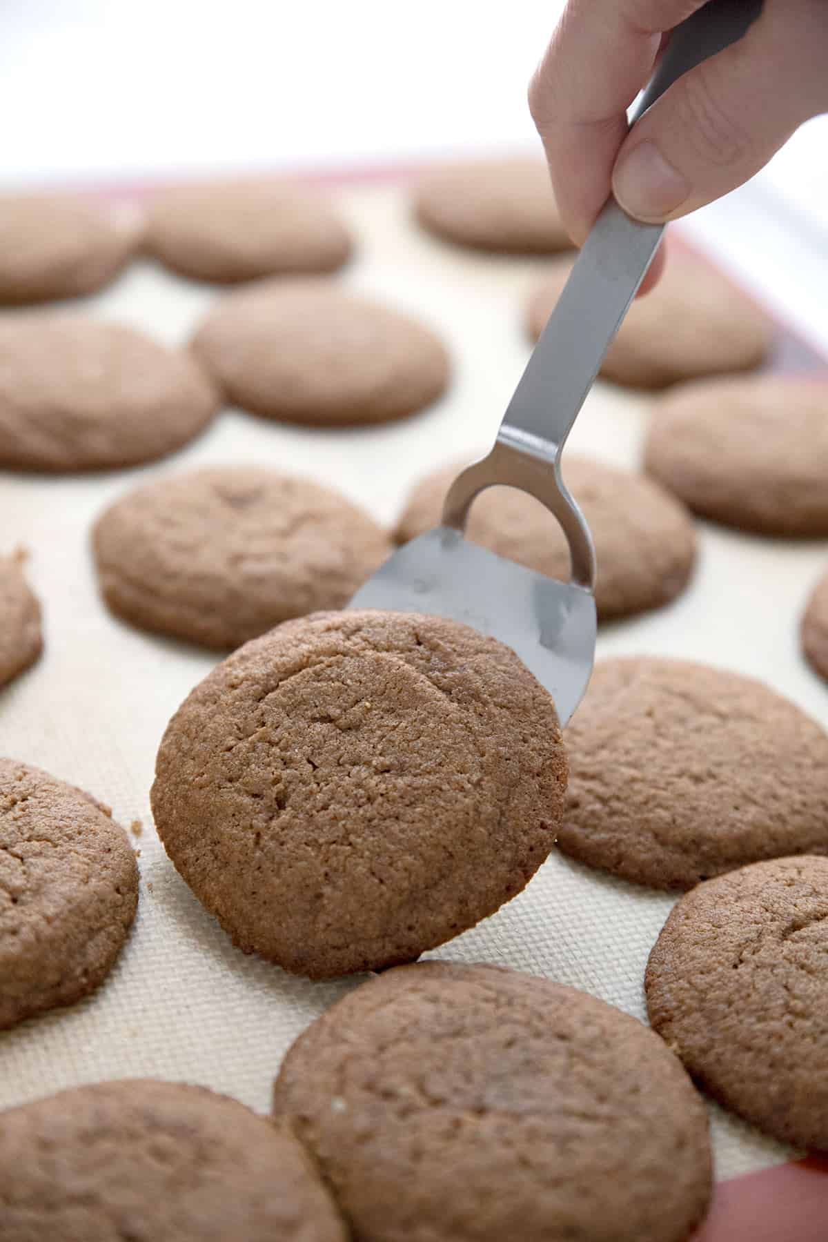 A spatula lifting a keto ginger cookie off the baking tray.