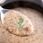 Titled image close up of a bowl of keto mushroom soup with a spoon lifting some out.