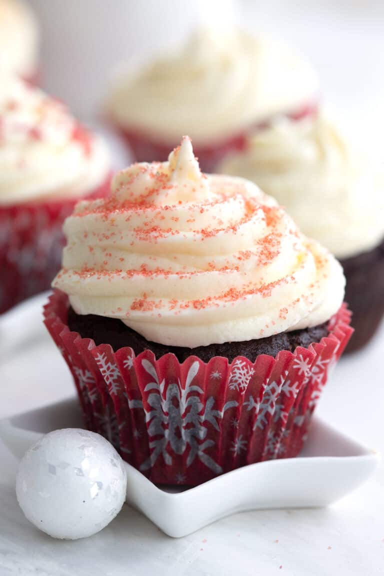 Close up shot of a keto chocolate peppermint cupcake.