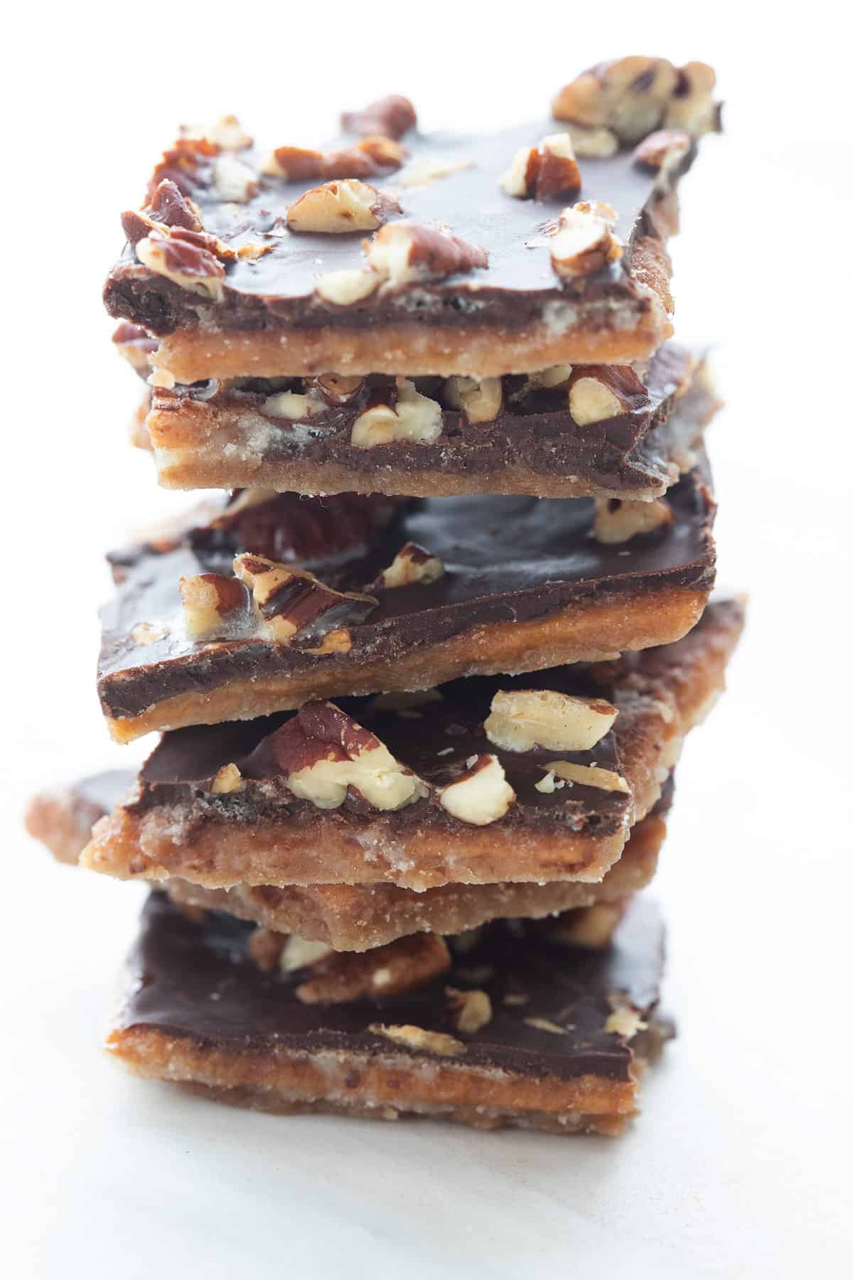 Close up shot of a stack of keto cracker toffee.