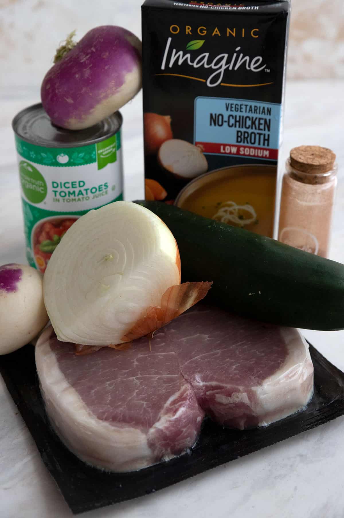 A photo of the ingredients for pork stew.