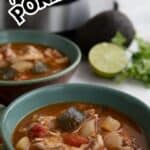 Titled image of two bowls of Keto Pork Stew on a white table in front of an Instant Pot.