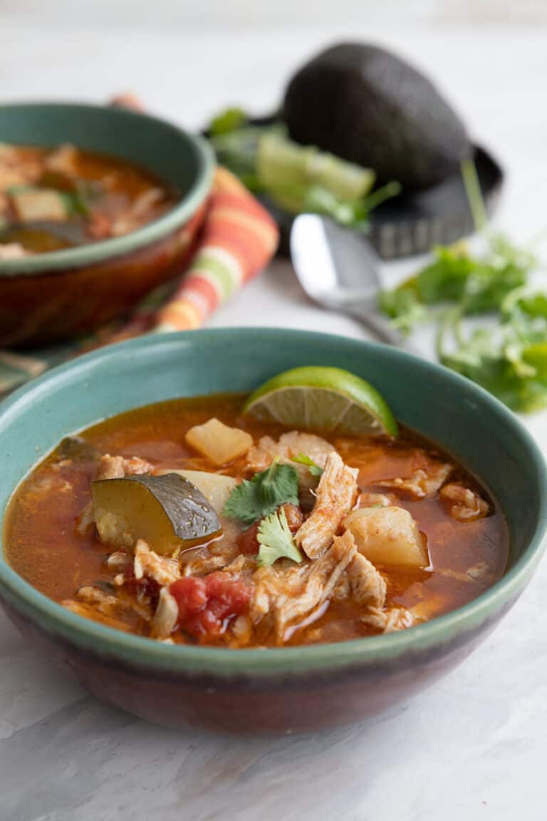 Pork stew in a rustic blue and brown bowl, in front of cilantro, avocado, and lime.