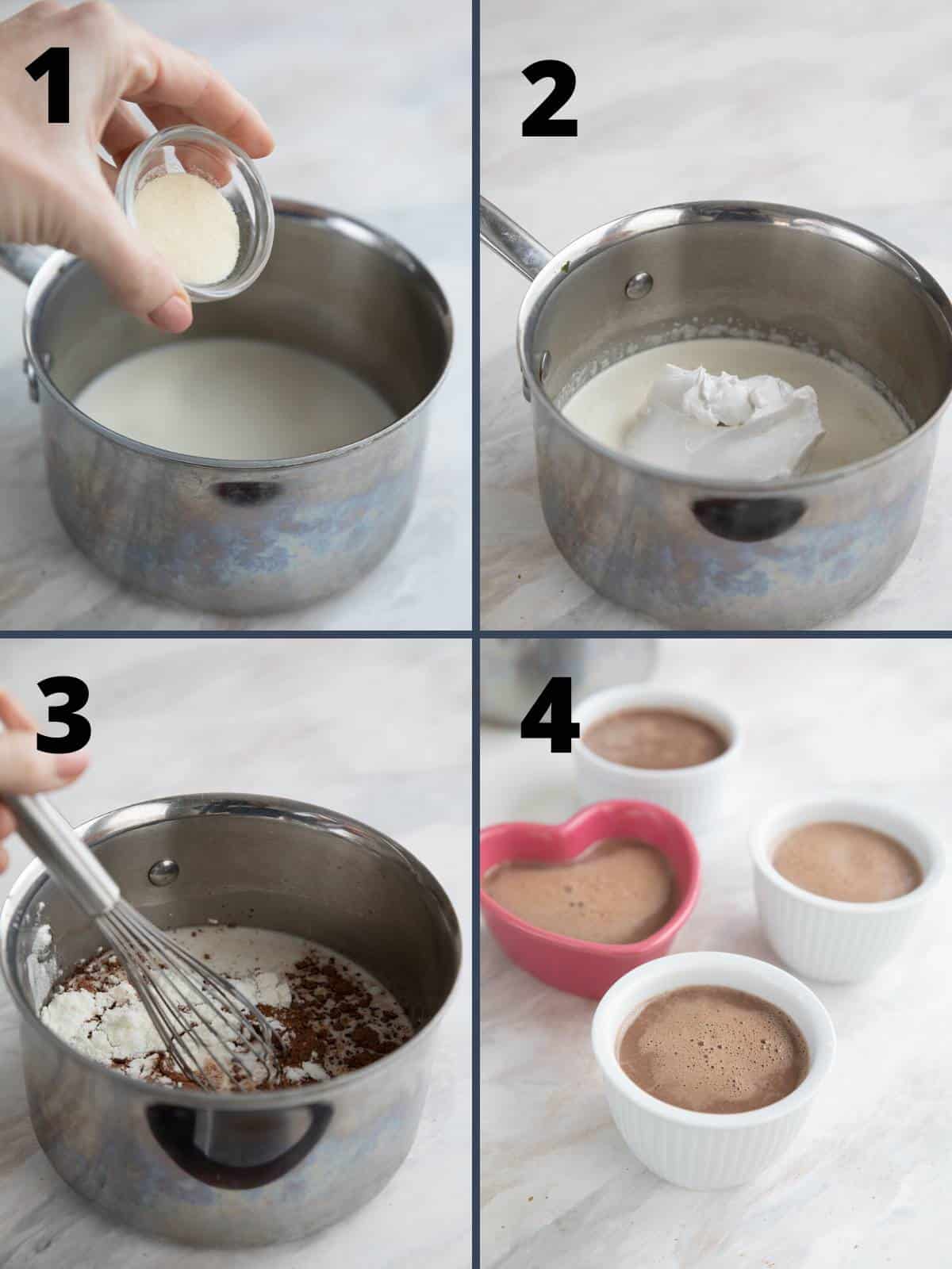 A collage of 4 images showing how to make chocolate panna cotta.