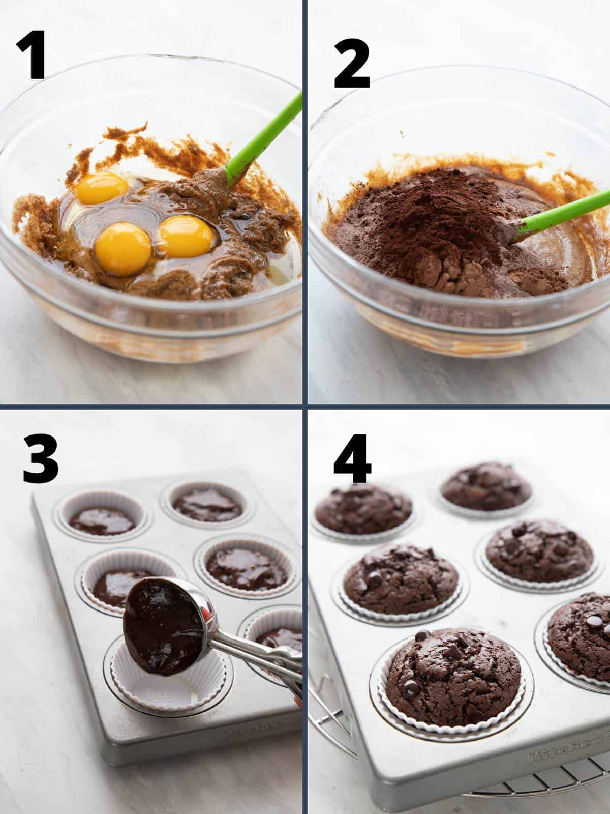 A collage of 4 images showing how to make Chocolate Protein Muffins.