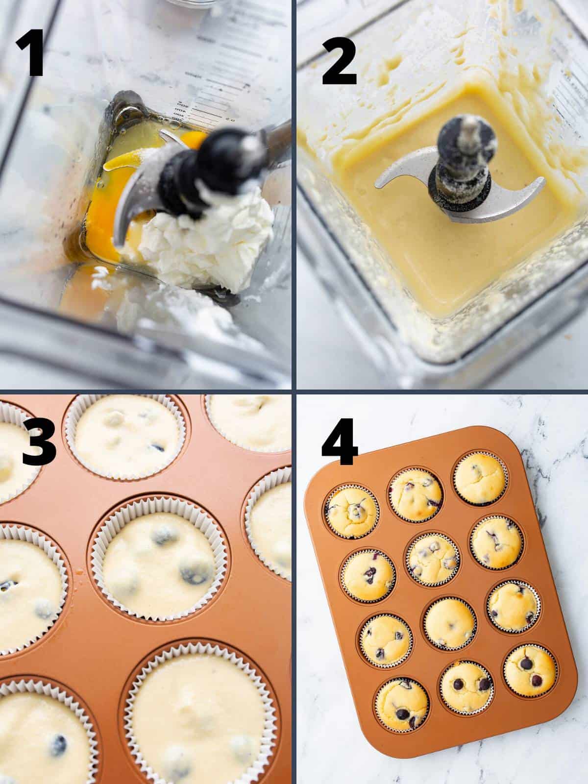 A collage of four images showing how to make Keto Blueberry Muffins.