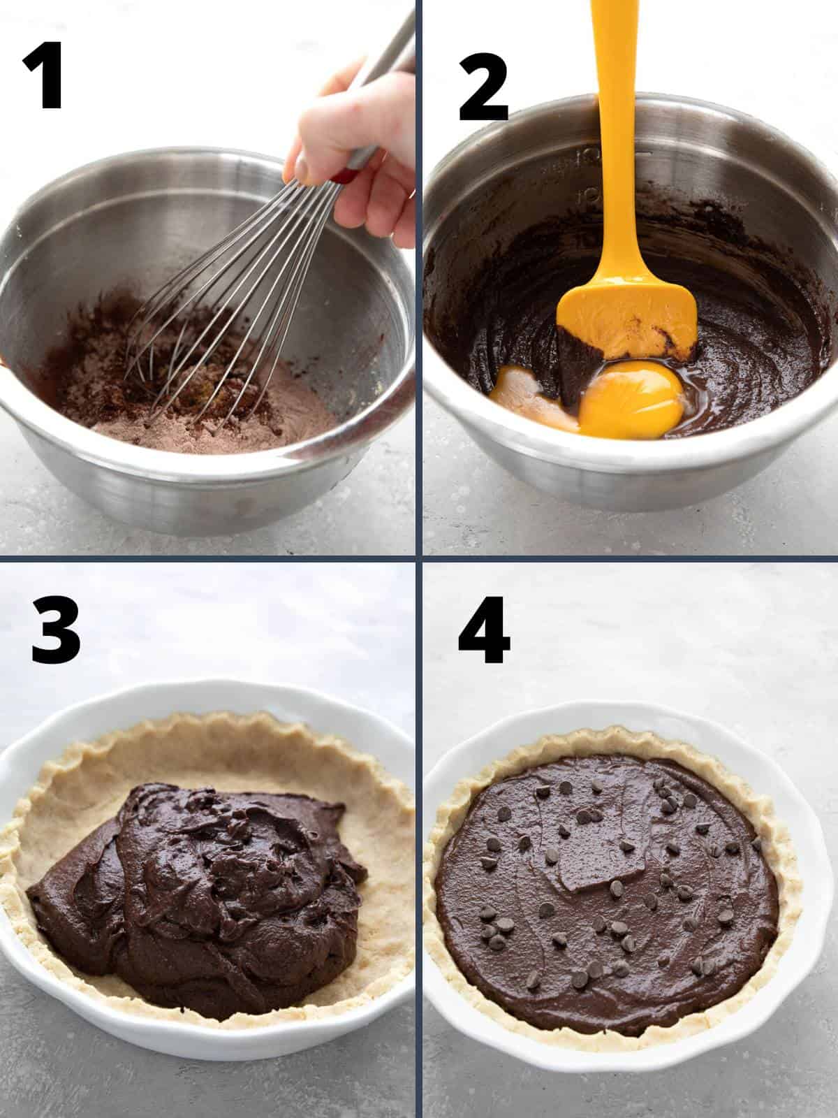 A collage of 4 images showing the steps for making keto brownie pie.