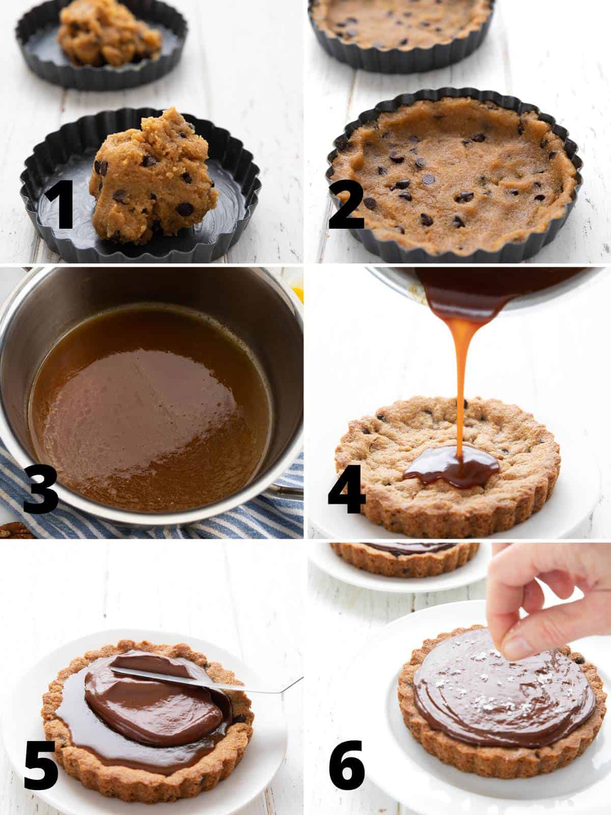 A collage of 6 images showing how to make Keto Caramel Tarts.