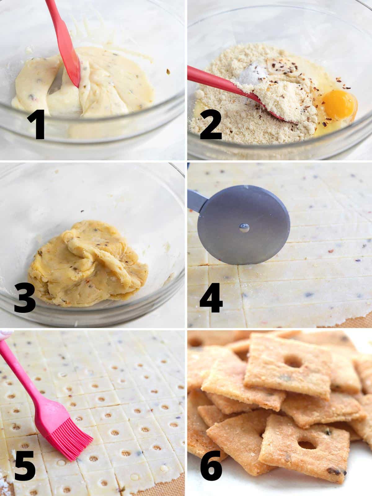 A collage of 6 images showing the steps for making keto cheese crackers.
