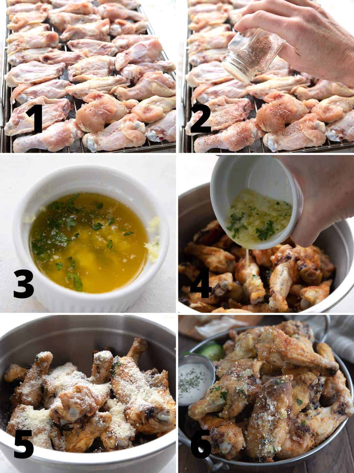 A collage of 6 images showing how to make Keto Chicken Wings.
