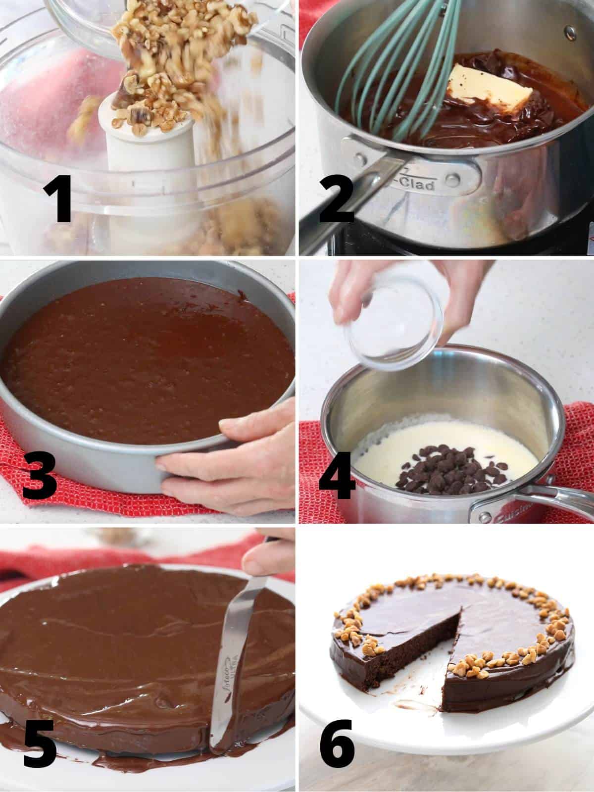 A photo of 6 images showing how to make Keto Chocolate Walnut Torte.