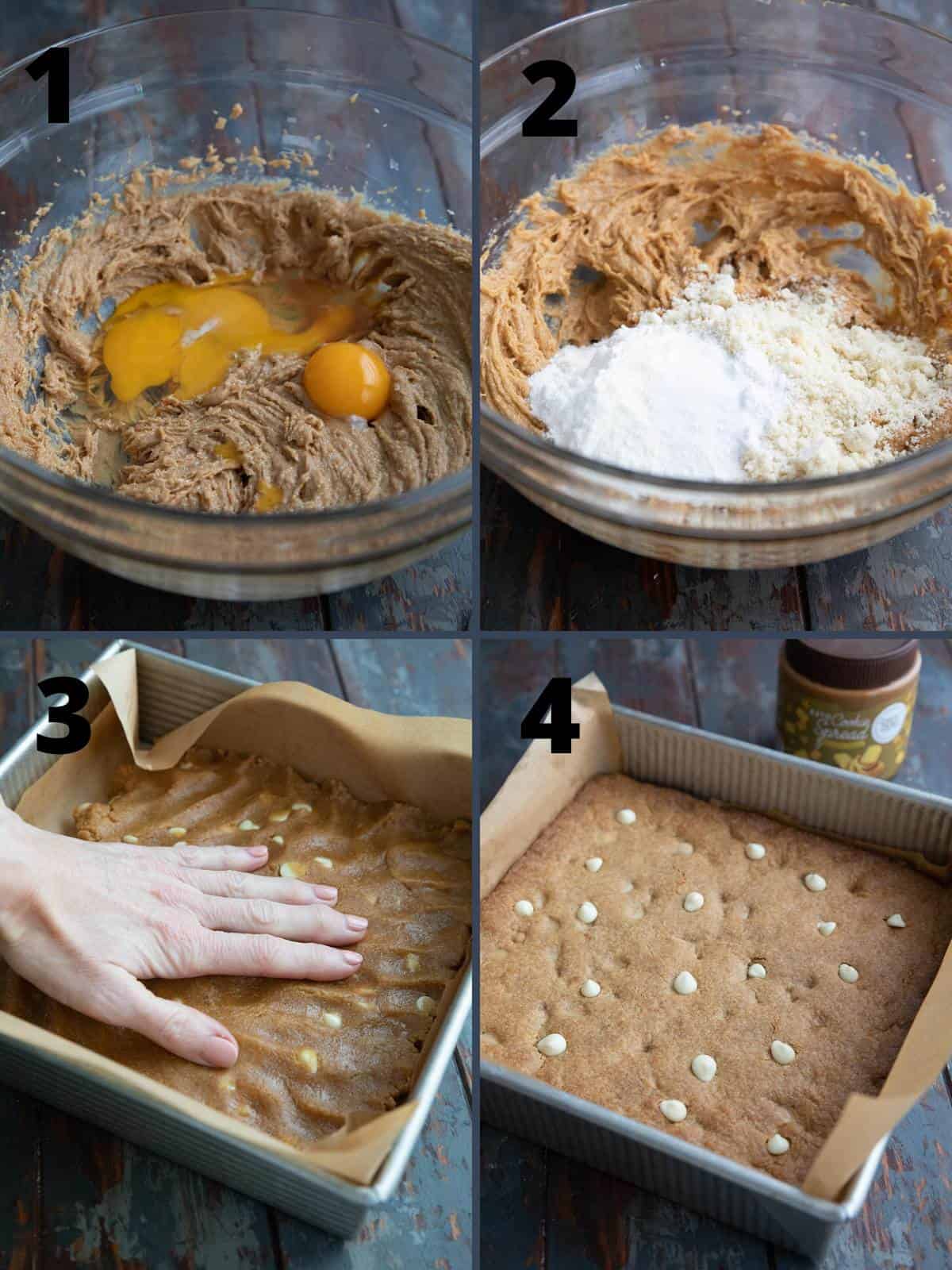 A collage of 4 images showing the steps for making Keto Cookie Bars.