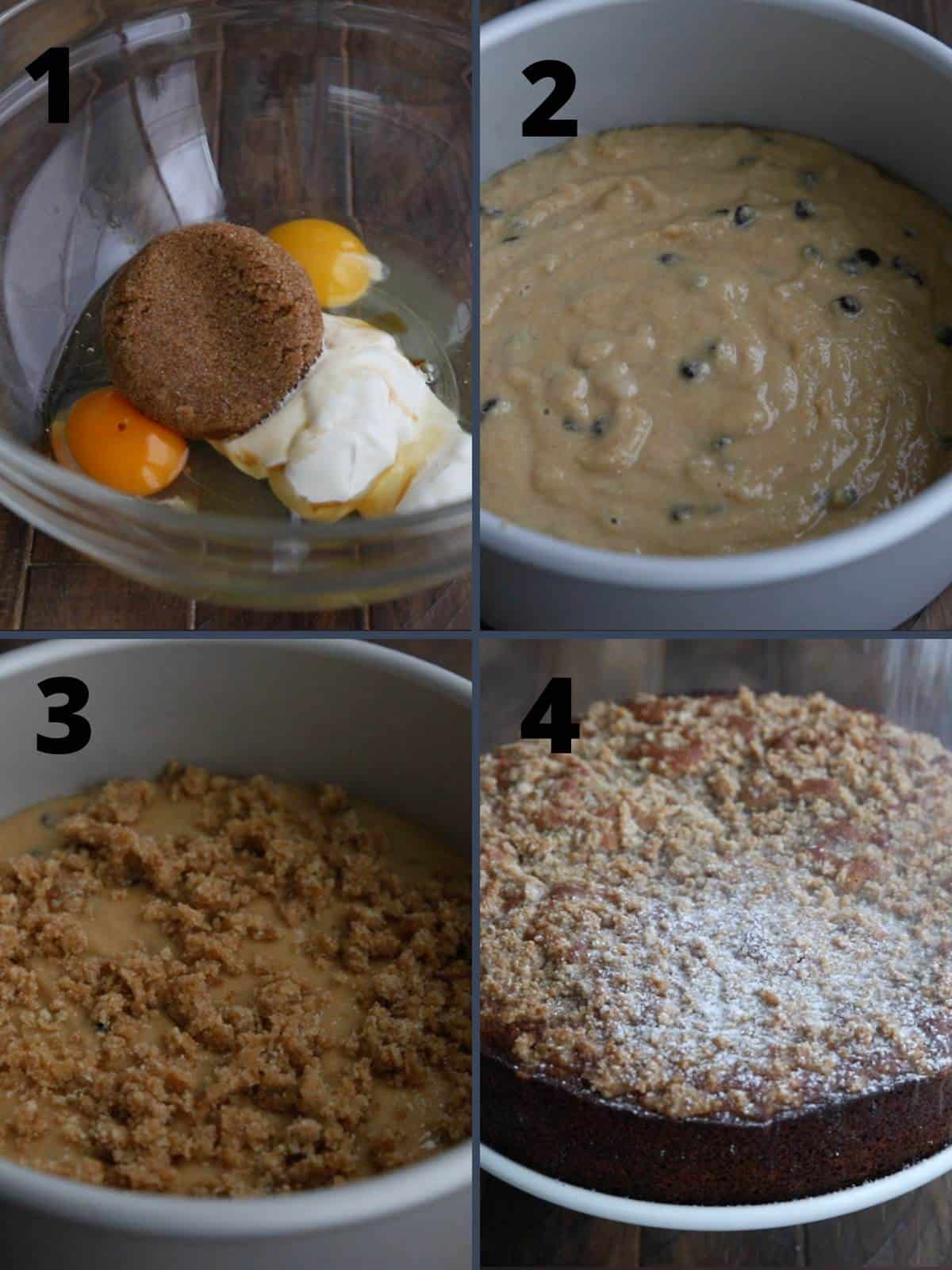 A collage of 4 images showing the steps for making Keto Sour Cream Coffee Cake.