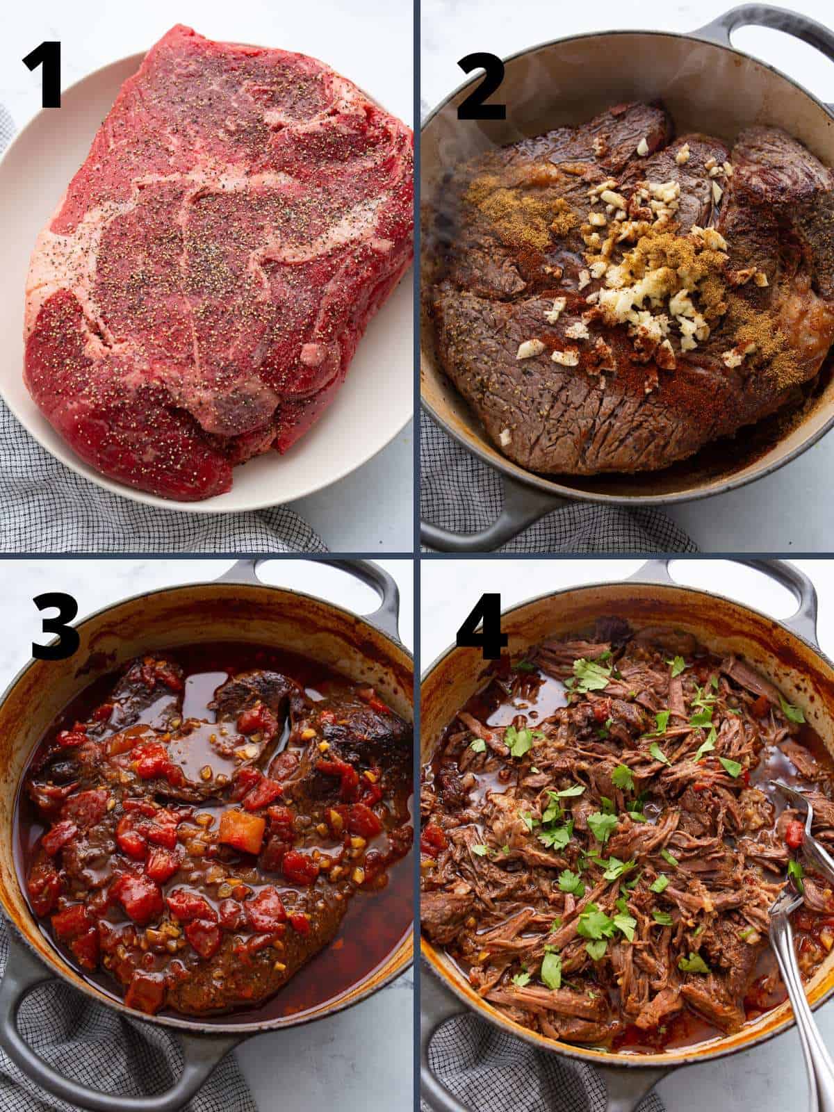 A collage of 4 images showing the steps for making Mexican Shredded Beef.