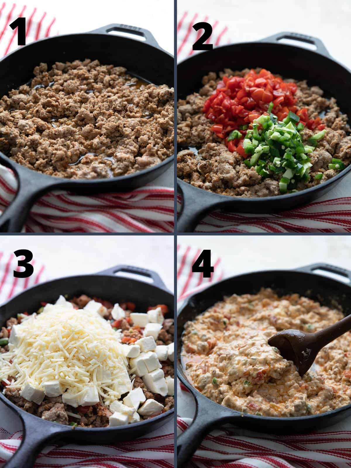 A collage of four images showing how to make sausage dip.