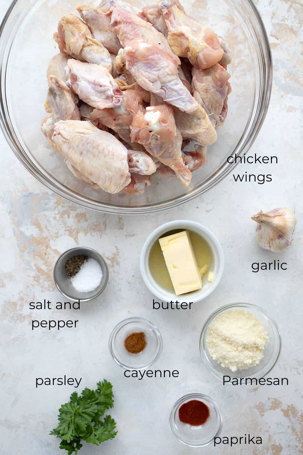 Top down image of ingredients for Garlic Parmesan Wings.