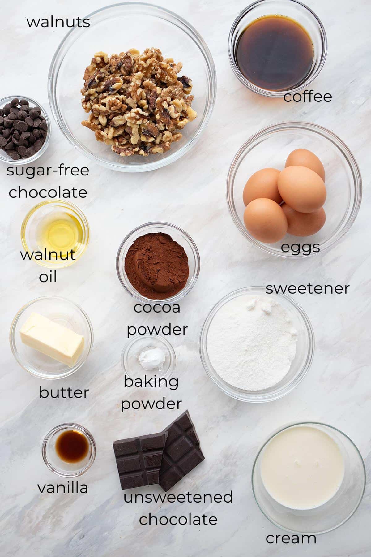 Top down image of ingredients needed for Keto Chocolate Walnut Torte.