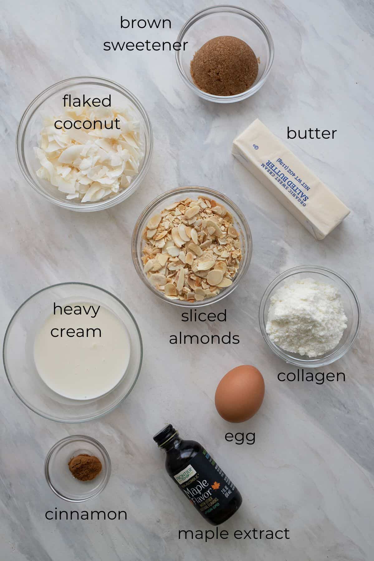 Top down image of ingredients needed for Keto Oatmeal.