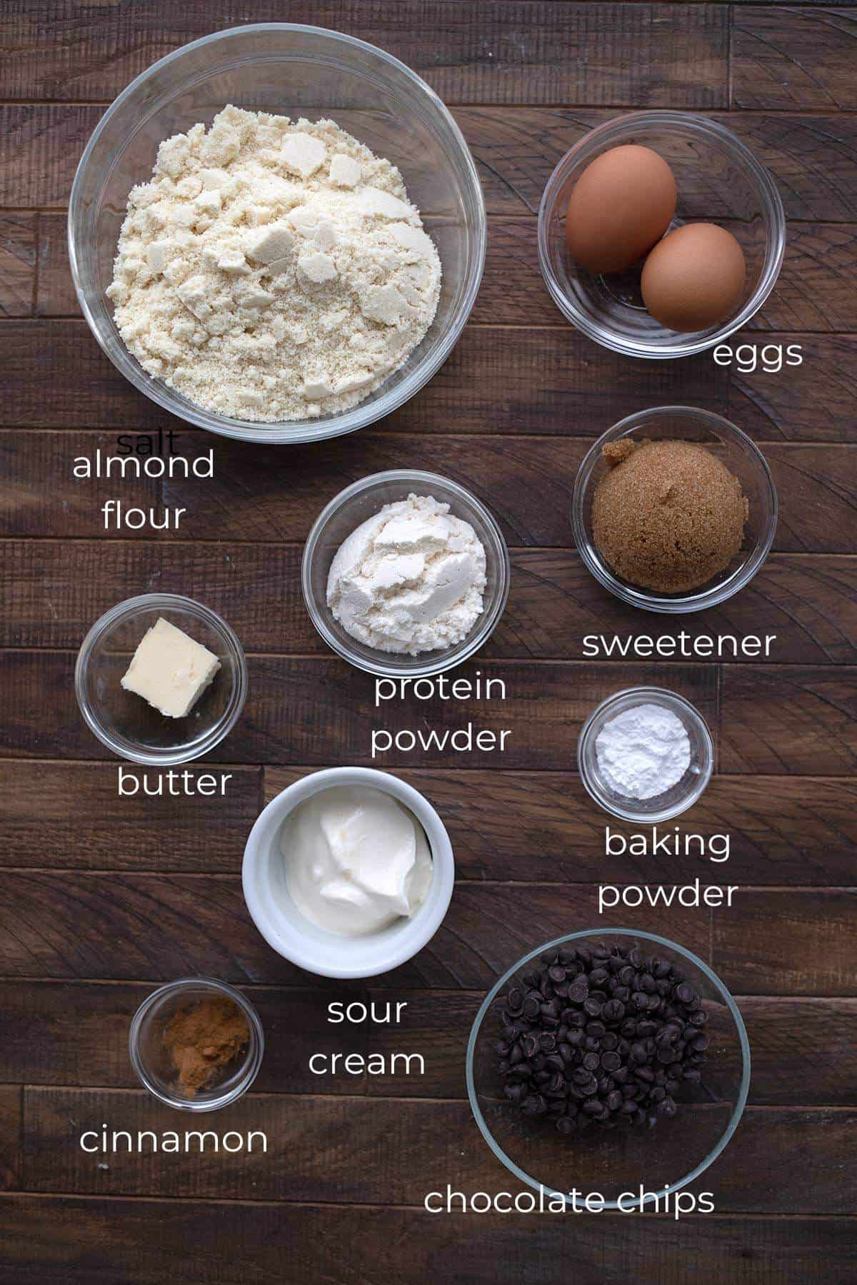 Top down shot of the ingredients needed for keto sour cream coffee cake.