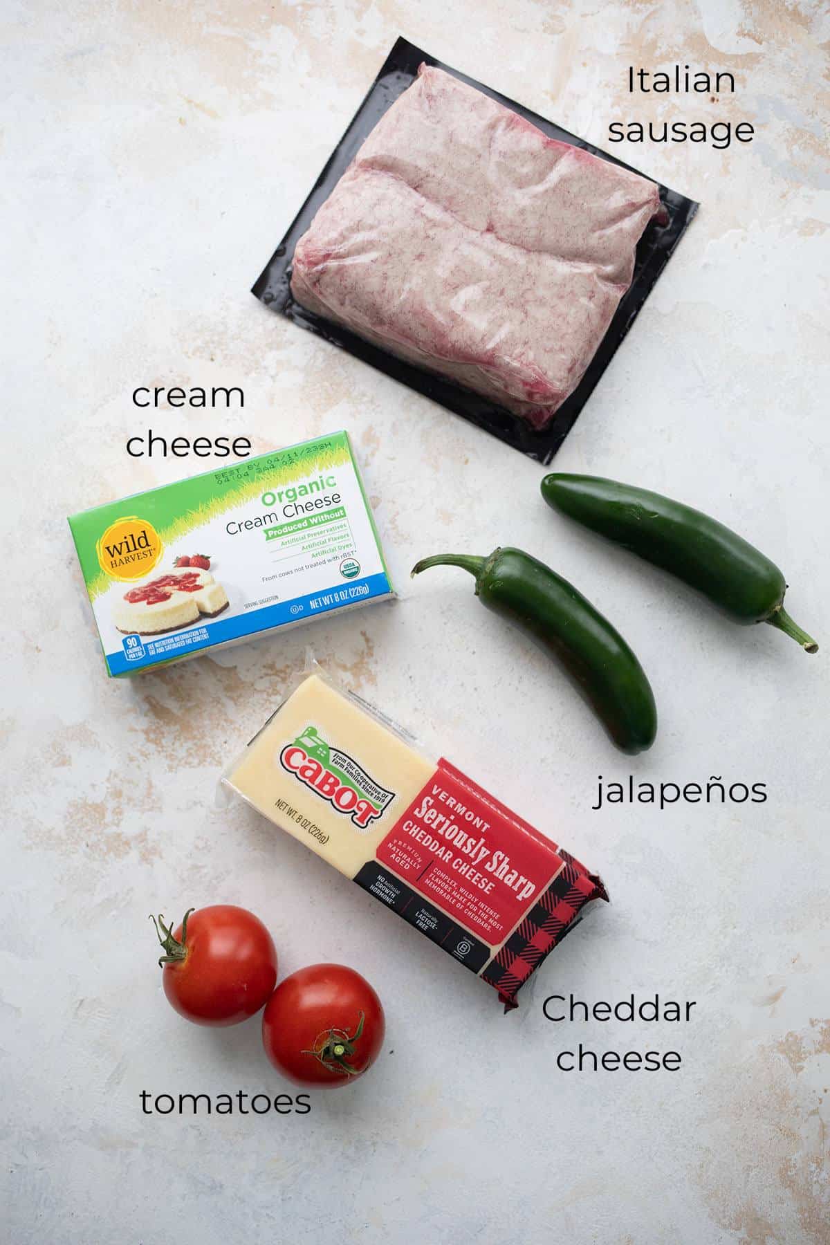 Top down image of ingredients needed for Sausage Cheese Dip.