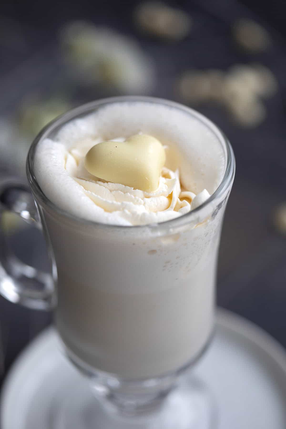 Close up shot of a mug of sugar free white hot chocolate.