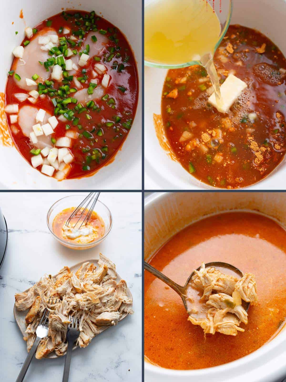 A collage of four images showing how to make Keto Chicken Enchilada Soup.