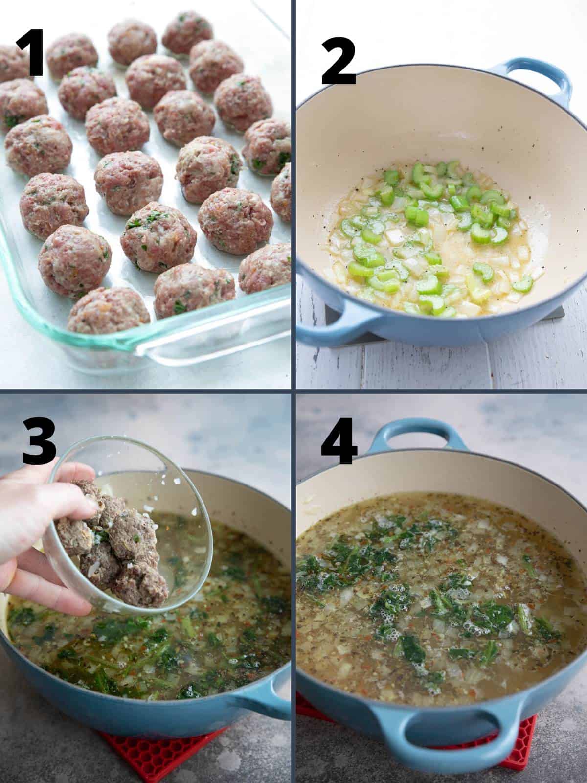A collage of four images showing how to make low carb Italian Wedding Soup.