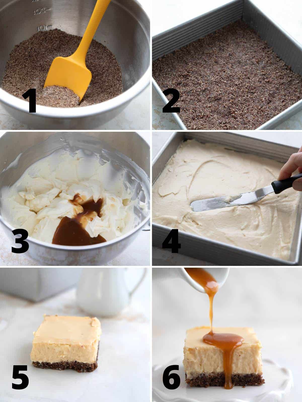 A collage of 6 images showing the steps for making Keto Salted Caramel Cheesecake Bars.