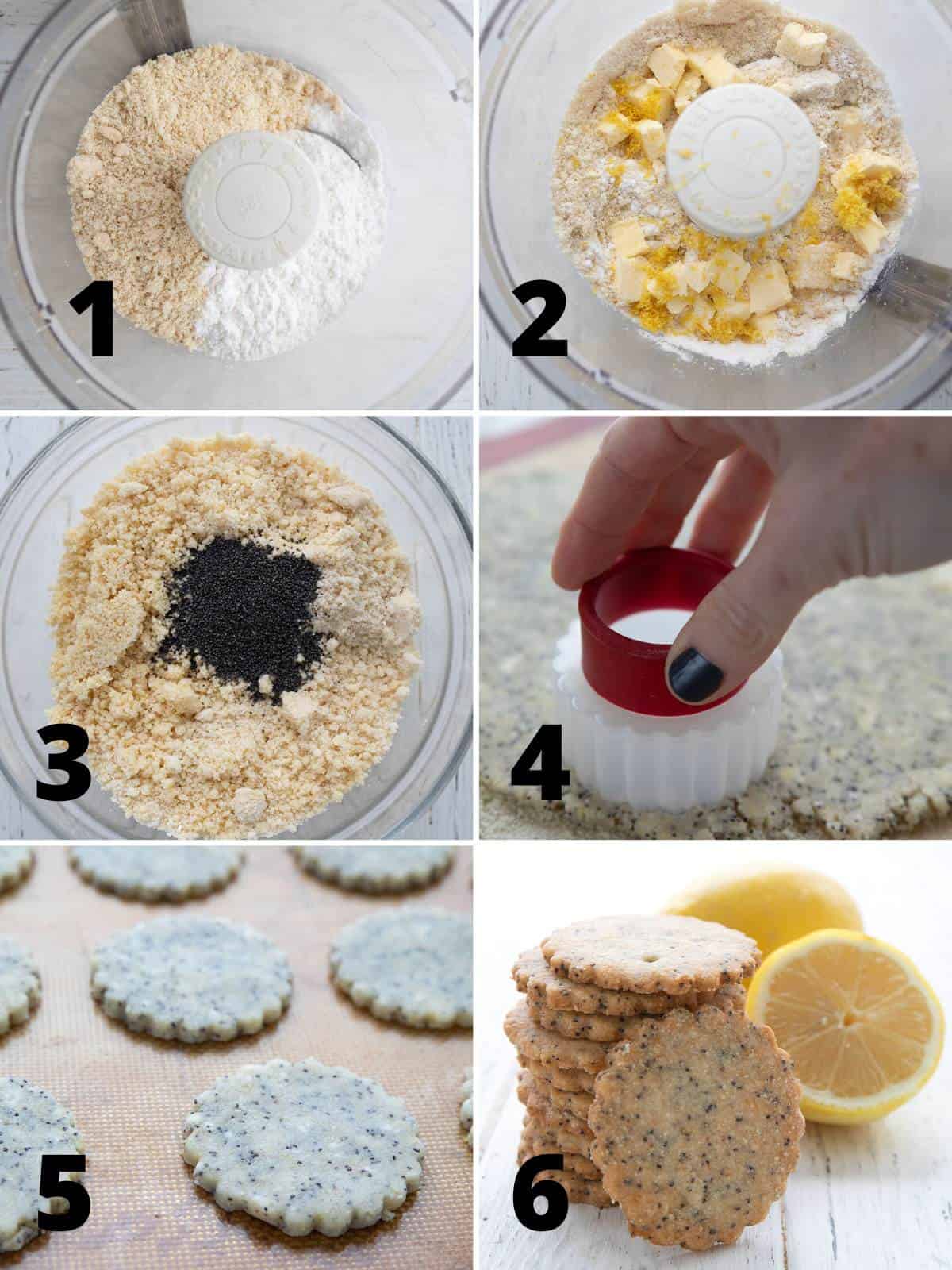 A collage of 6 images showing how to make keto lemon poppy seed cookies.