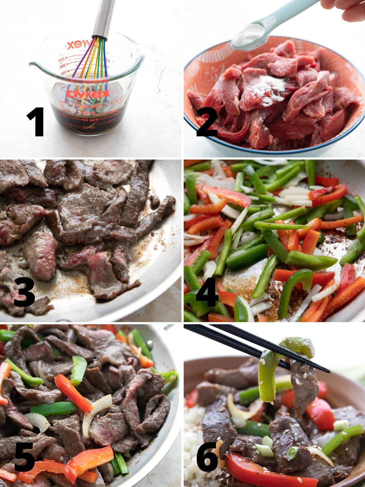 A collage of 6 shots showing how to make Chinese Pepper Steak.