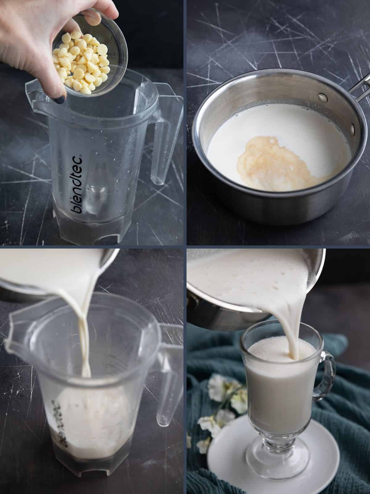 4 images showing the steps for making keto white hot chocolate.