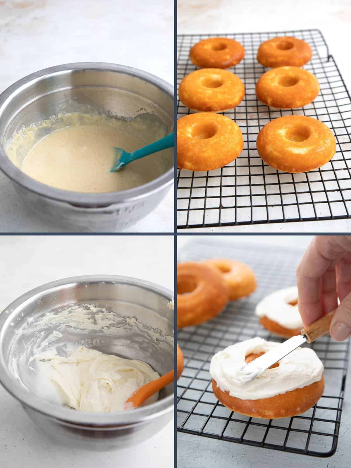 A collage of 4 images showing how to make Protein Donuts.