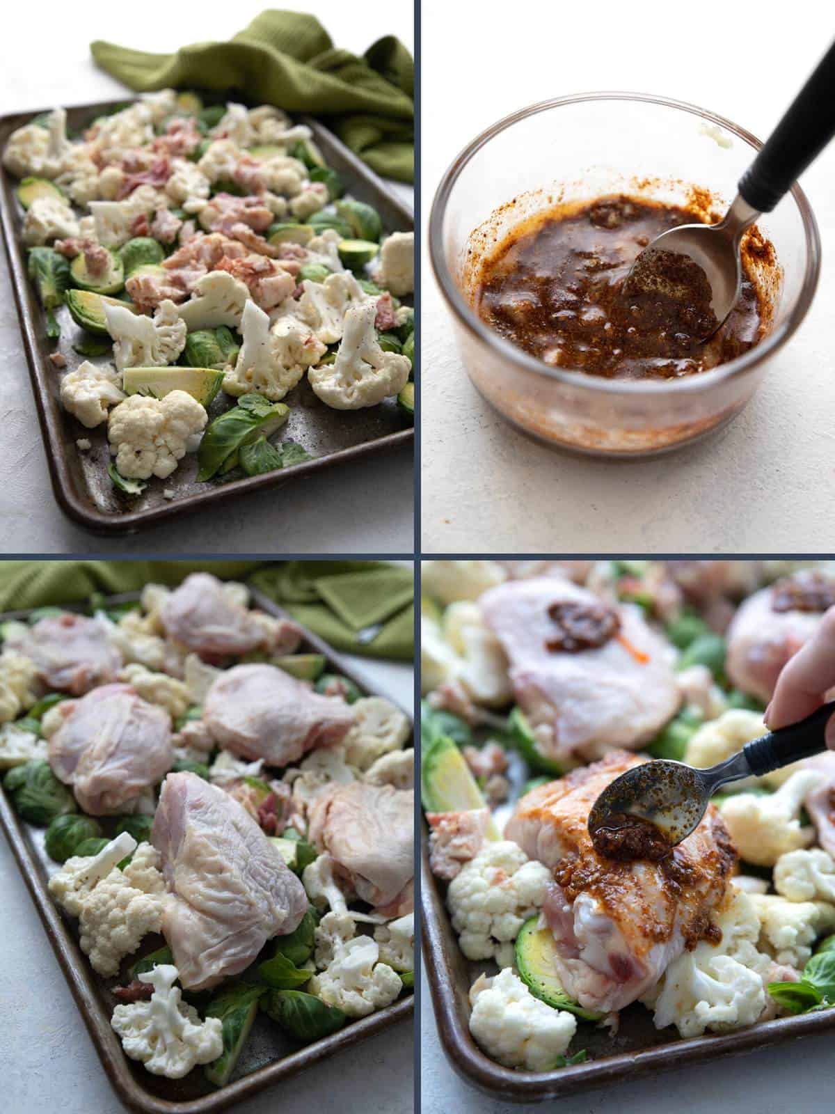 A collage of four images showing how to make easy keto sheet pan chicken thighs.