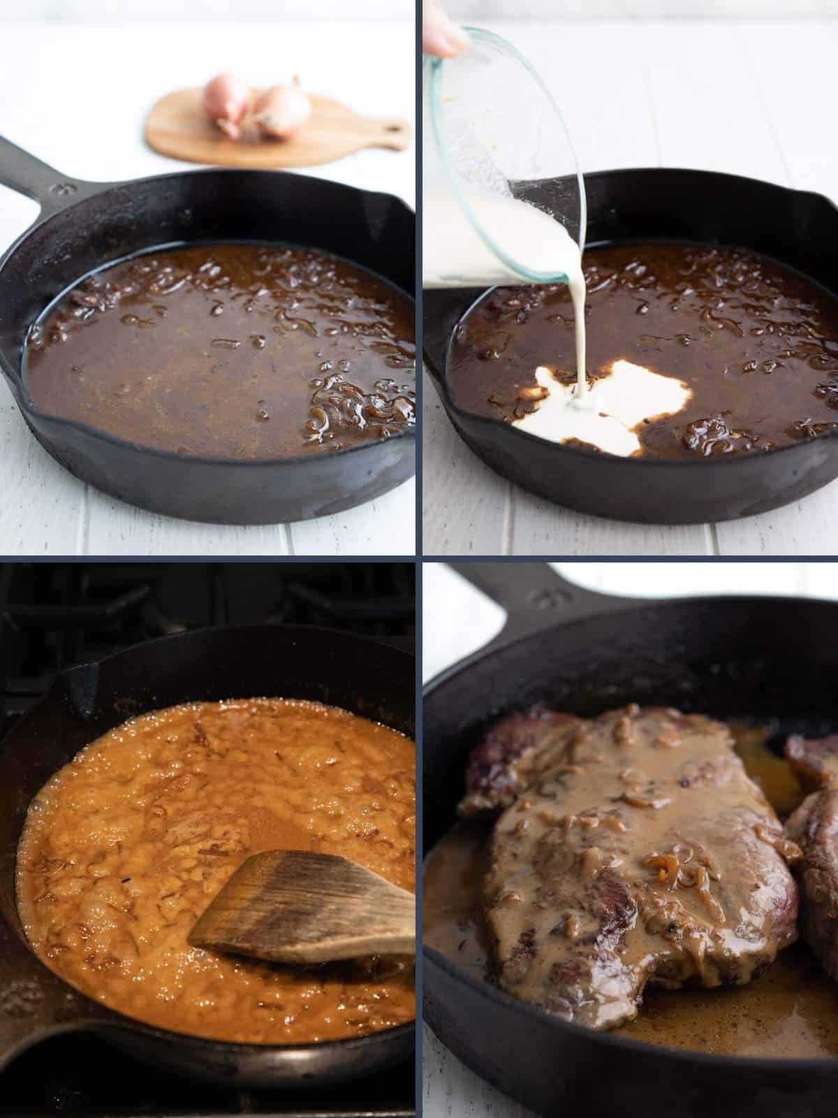 A collage of four images showing how to make Steak Diane.