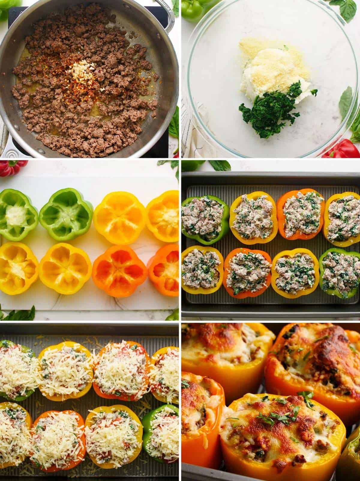 A collage of photos showing the steps for making keto stuffed peppers.