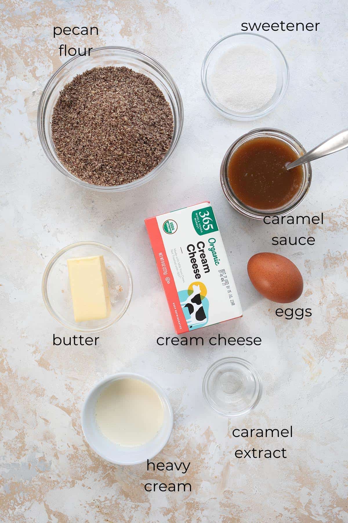 Top down image of ingredients for salted caramel cheesecake bars.