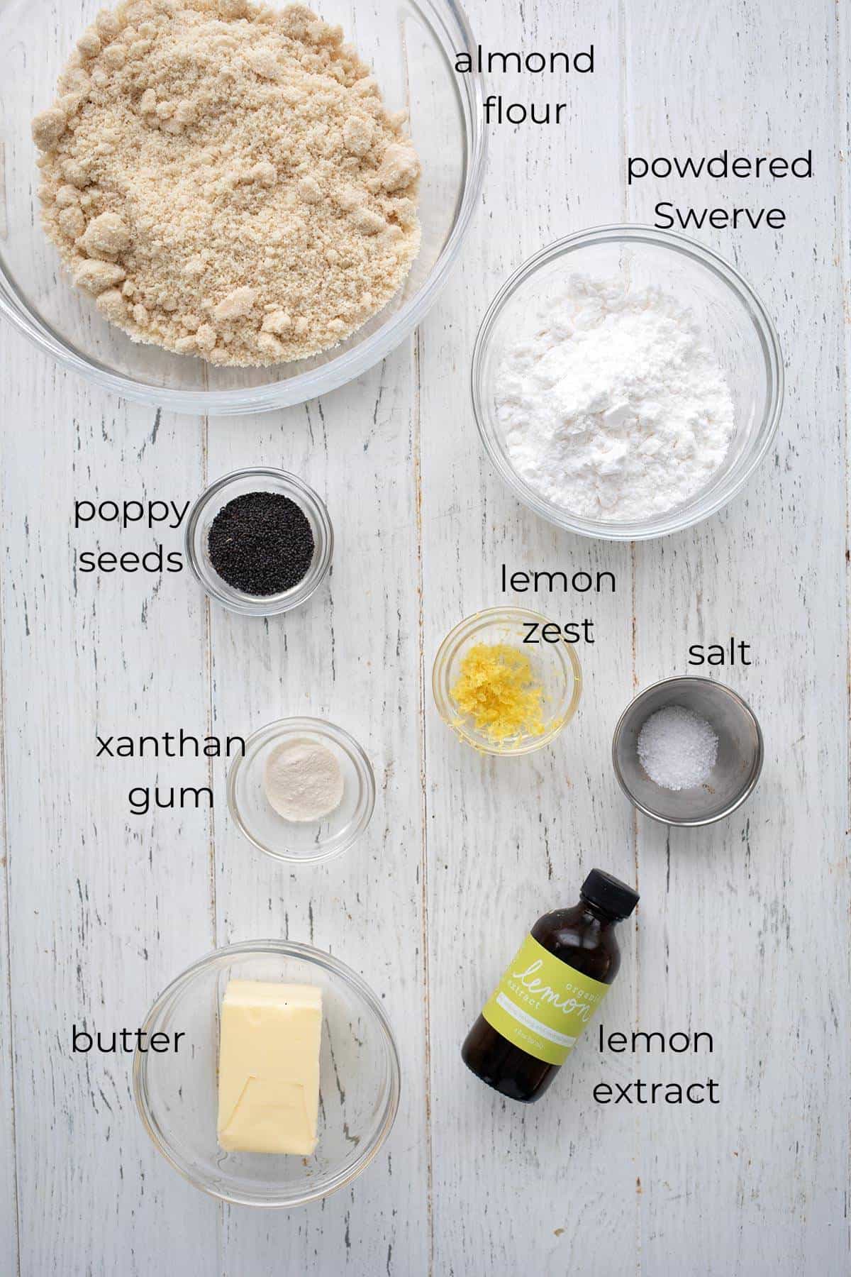 Top down image of ingredients needed for lemon poppy seed cookies.