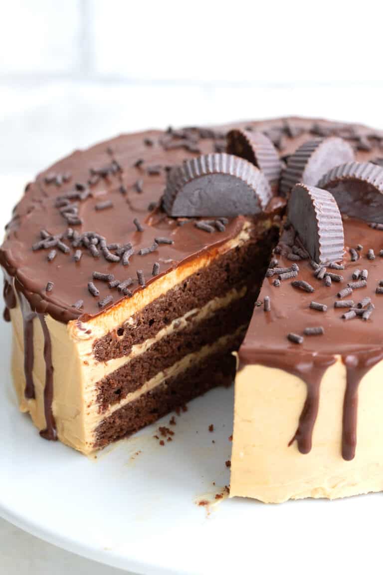 Chocolate peanut butter layer cake on a white cake stand with a slice cut out of it.