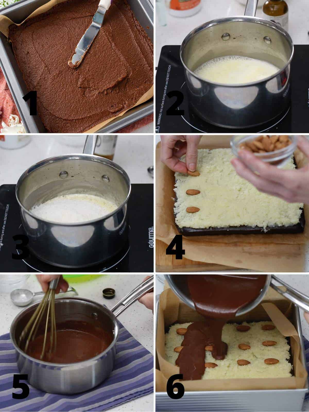 A collage of 6 images showing the steps for making keto almond joy brownies.