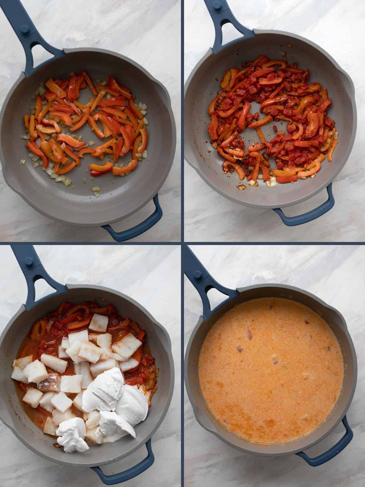 A collage of 4 images showing how to make Brazilian Fish Stew.