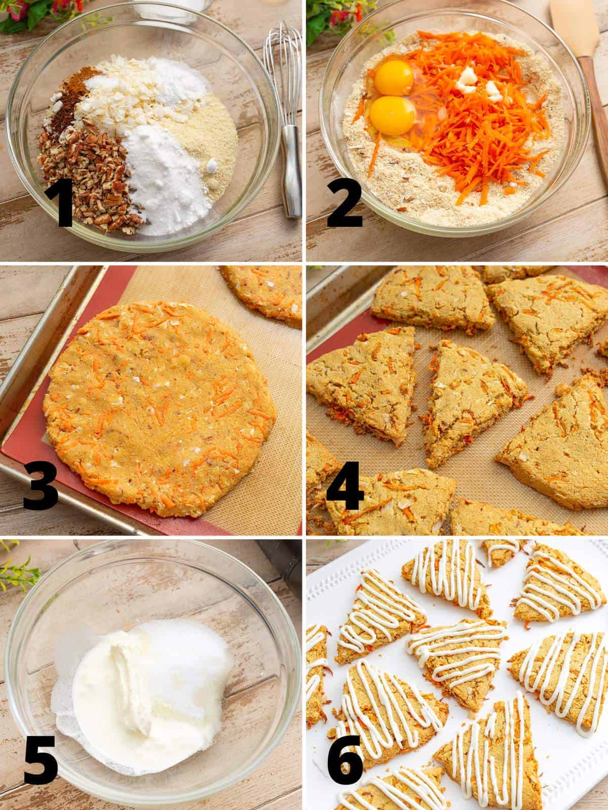 A collage of 6 images showing how to make Keto Carrot Cake Scones.
