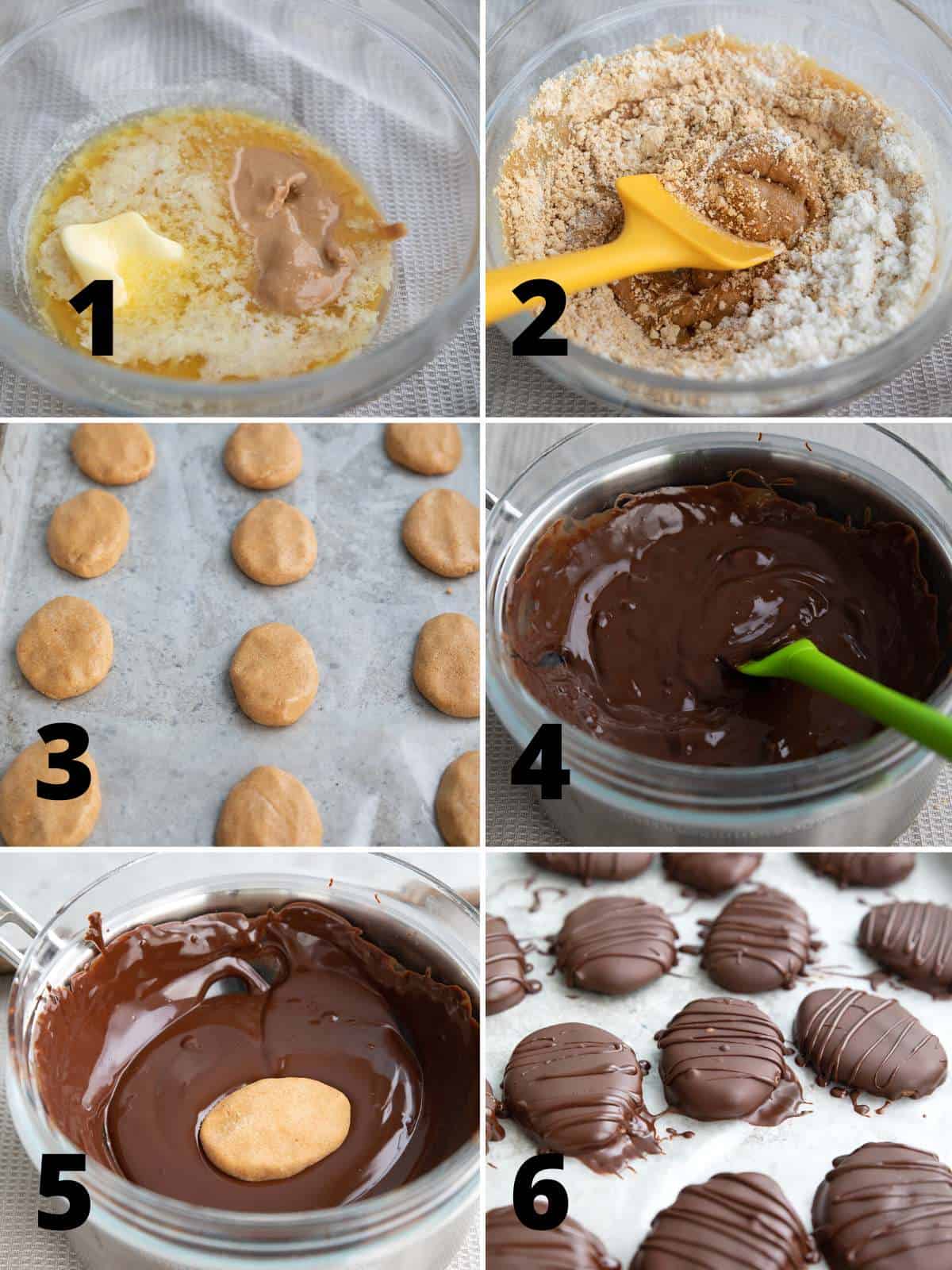 A collage of 6 images showing how to make Keto Peanut Butter Eggs.